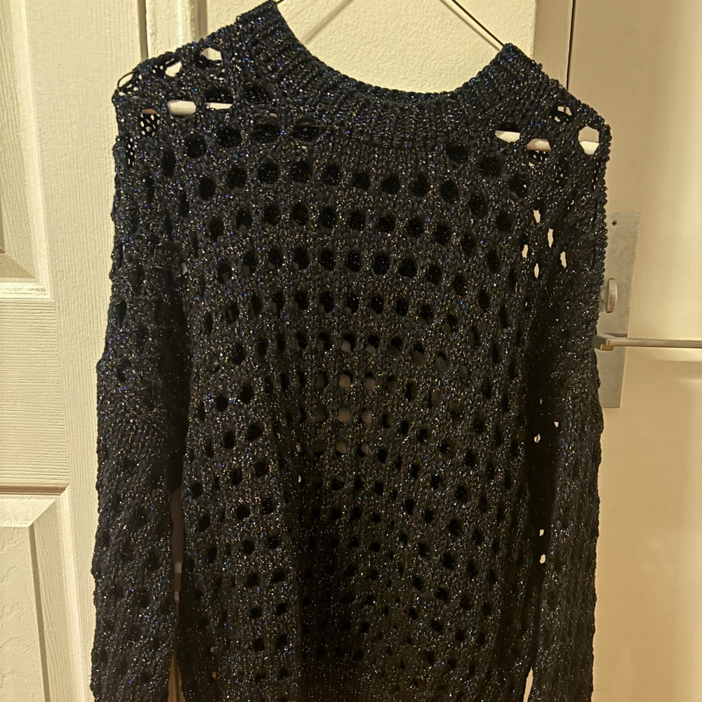 NWOT IRO SWEATER NLACK WITH BLUE METALLIC HOLIDAY SIZE MEDIUM OPEN KNIT